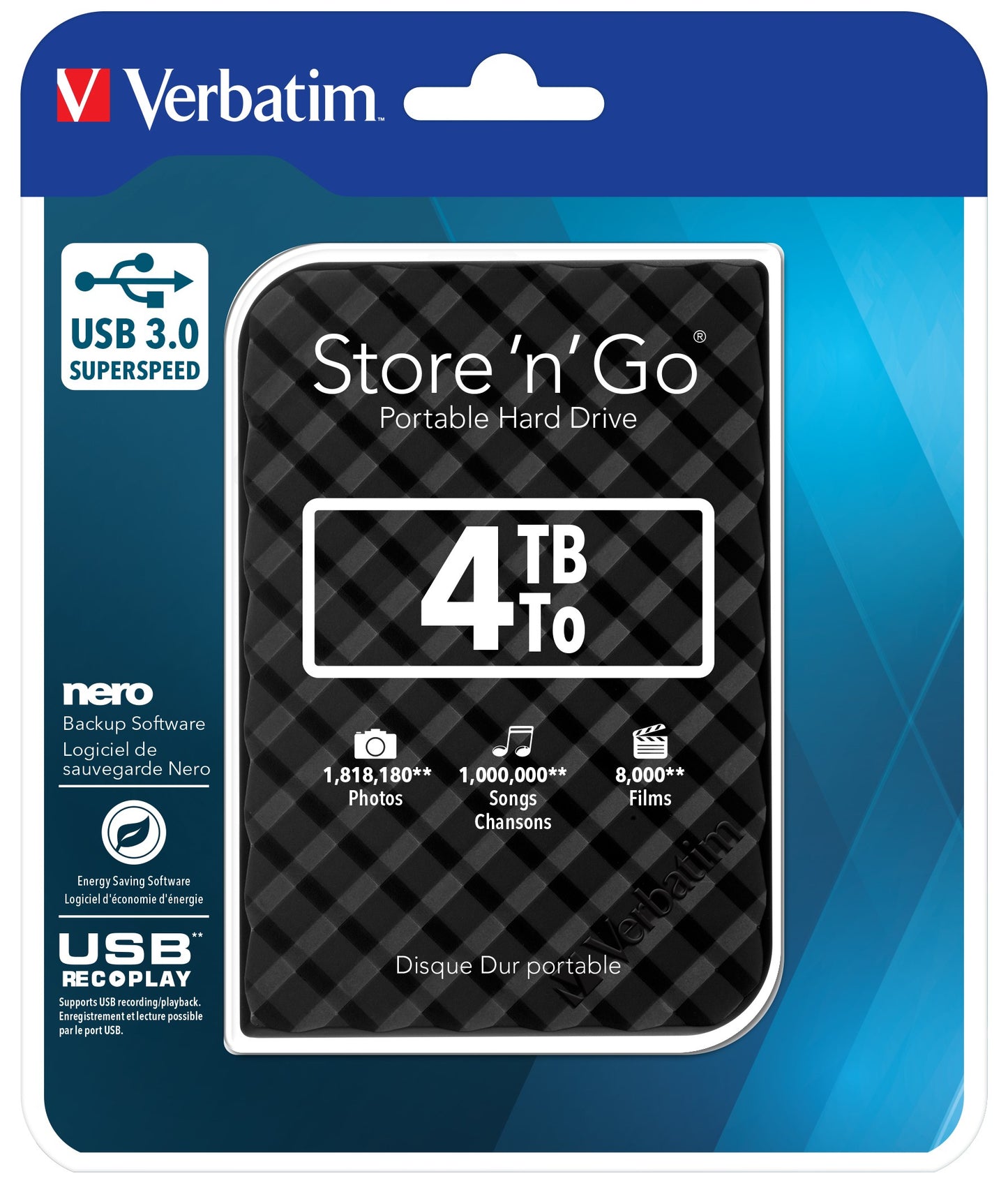Verbatim Portables Festplattenlaufwerk Store 'n' Go USB 3.0 - 4 TB - Schwarz - 4 TB - 3.2 Gen 1 (3.1 Gen 1) - 5400 RPM - Schwarz - Festplatte