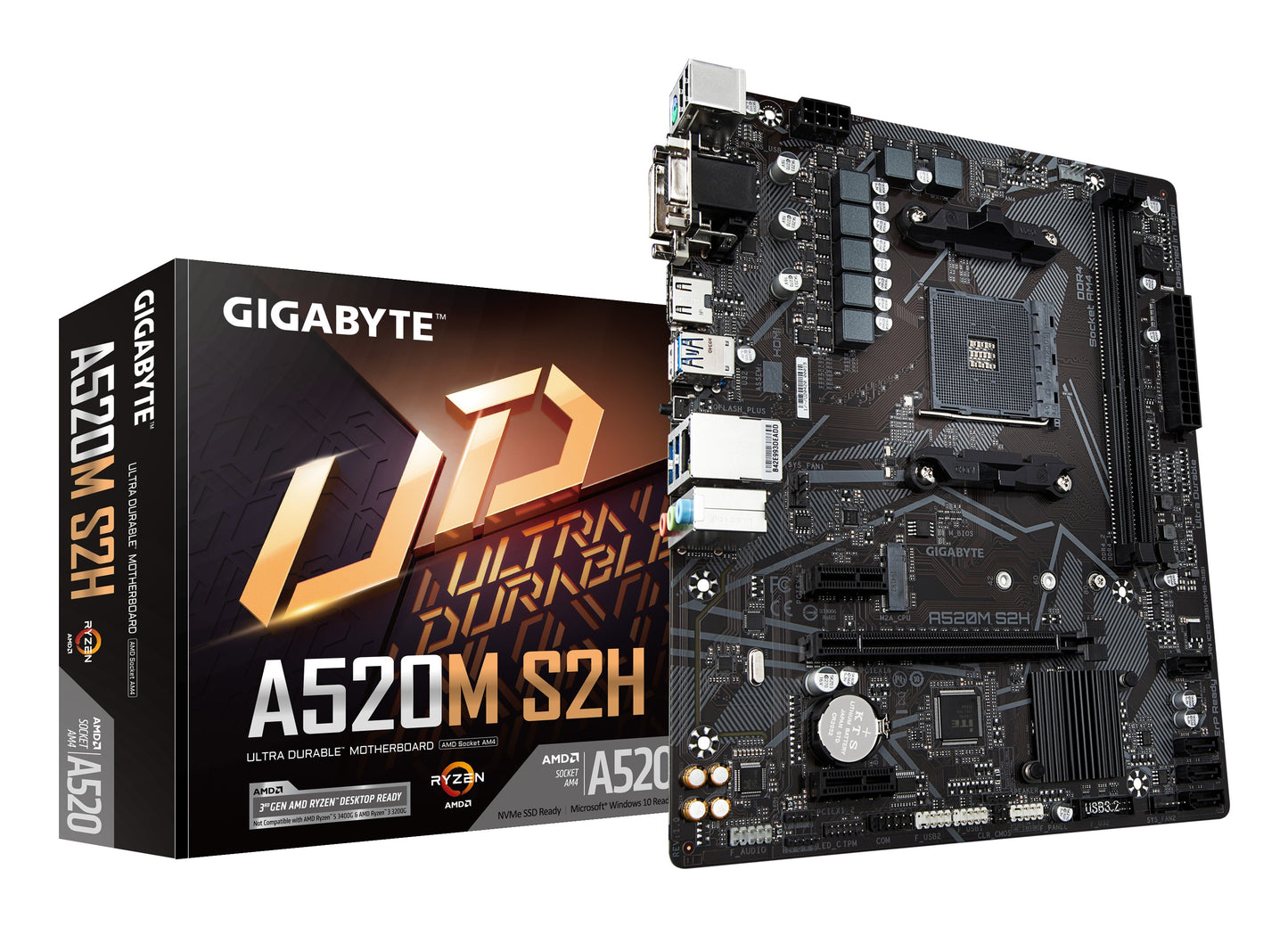 Gigabyte A520M S2H Mainboard - Unterstützt AMD Ryzen 5000 Serie AM4 CPUs - 4+3 Phasen reines digitales VRM - bis zu 5100MHz DDR4 (OC) - PCIe 3.0 x4 M.2 - GbE LAN - USB 3.2 Gen 1 - AMD - Sockel AM4 - AMD Ryzen 3000 Series - Sockel AM4 - 64 GB - Mainboard