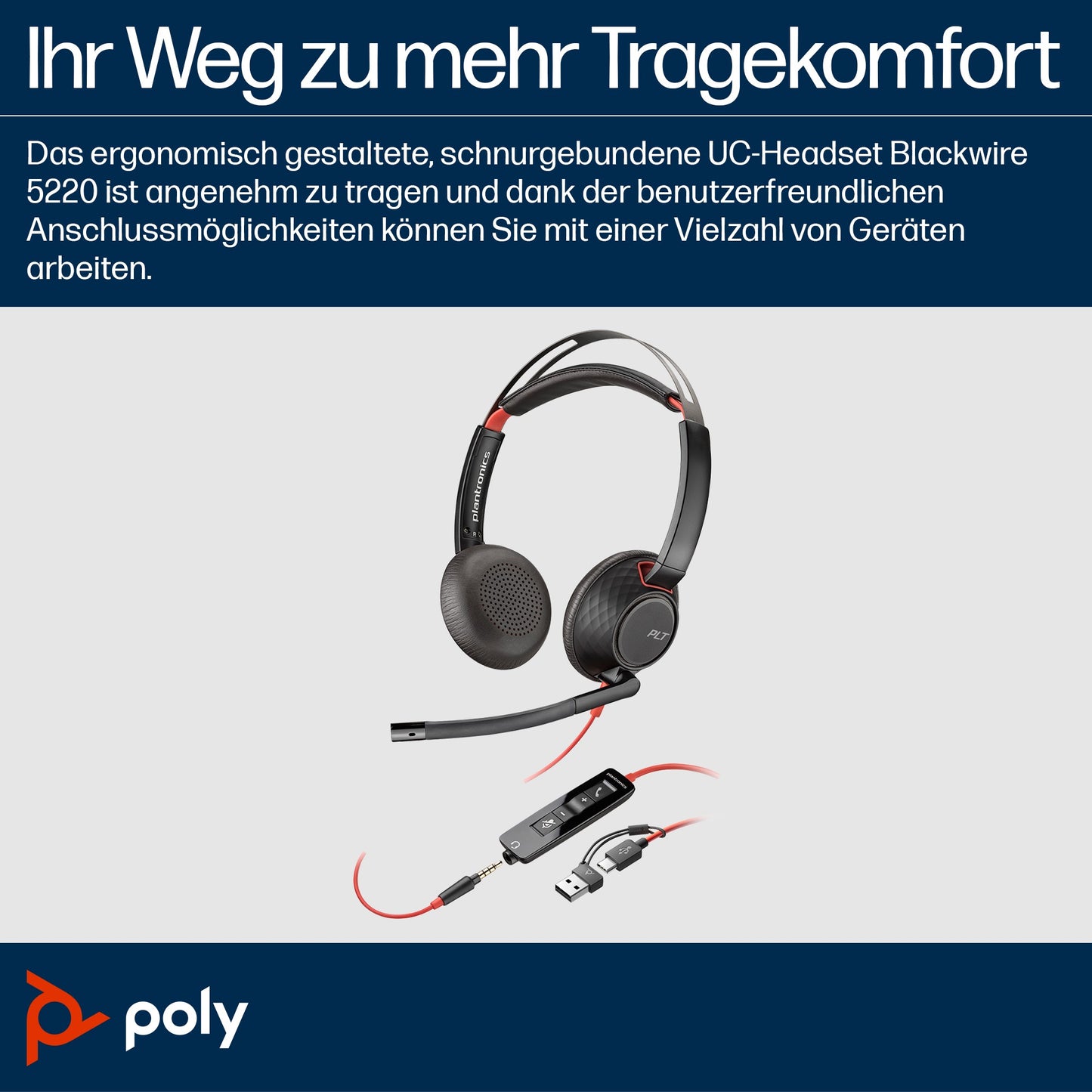 Poly Blackwire 5220 Stereo USB - C Headset+ - 20 KHz - Headset