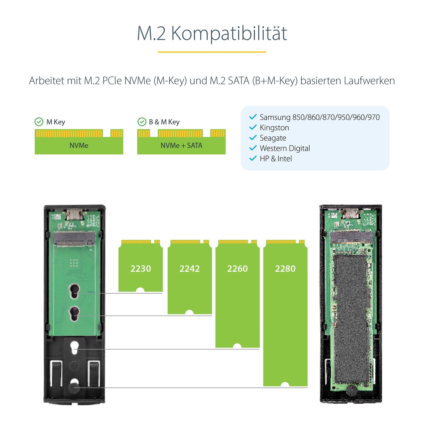 StarTech.com USB - C M.2 Externes Gehäuse für NVMe und SATA M.2 - USB - C/USB - A auf M.2 NVMe/SATA SSD - 10Gbit/s - M/B+M key M.2 Laufwerke - 2230/2242/2260/2280 - Aluminiumgehäuse - werkzeuglos - USB - C und USB - A Kabel - SSD - M.2 - M.2 - 1 - Gehäuse