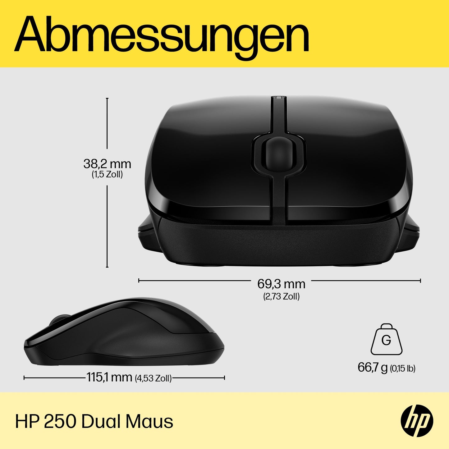 HP 250 Dual - Beidhändig - Bluetooth + USB Type - A - 1600 DPI - Schwarz - Maus