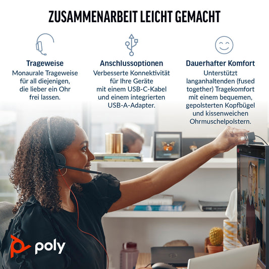 Poly Blackwire 3310 Monaural USB - C Headset - Plug and Play - Headset