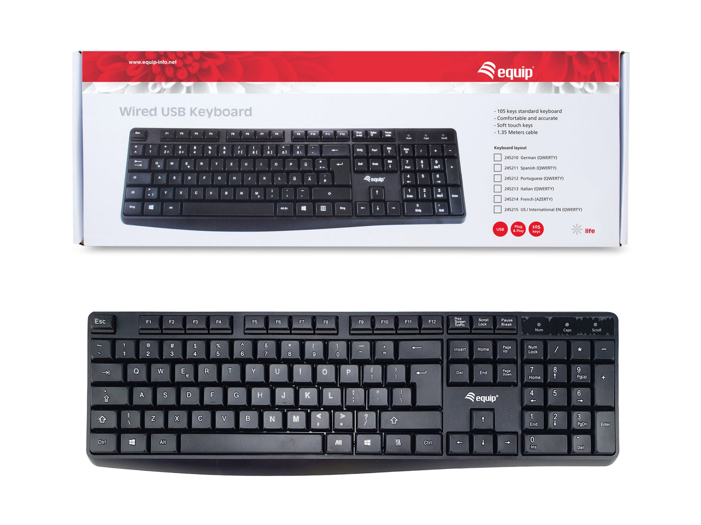 Equip Kabelgebundene USB Tastatur - US/International layout (QWERTY) - Volle Größe (100%) - Kabelgebunden - USB - QWERTY - Schwarz - Tastatur