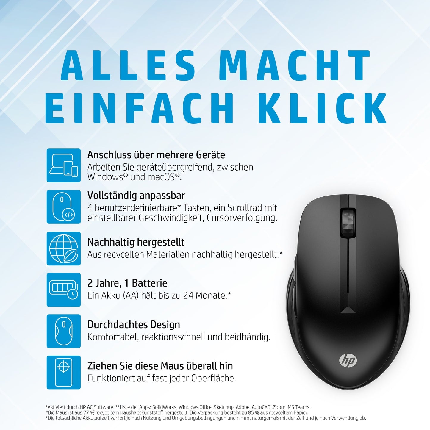 HP 430 Wireless für mehrere Geräte - Beidhändig - Optisch - RF Wireless + Bluetooth - 1200 DPI - Schwarz - Maus