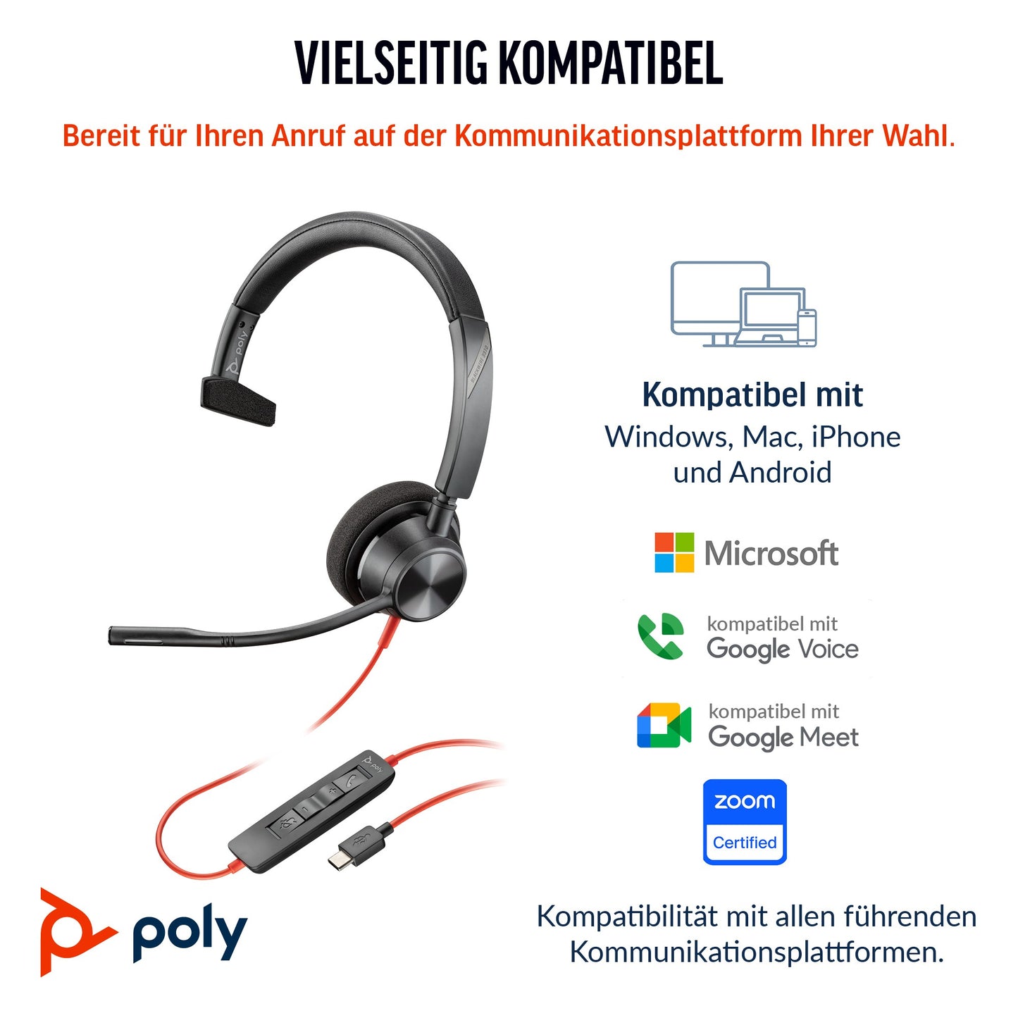 Poly Blackwire 3310 Monaural USB - C Headset - Plug and Play - Headset