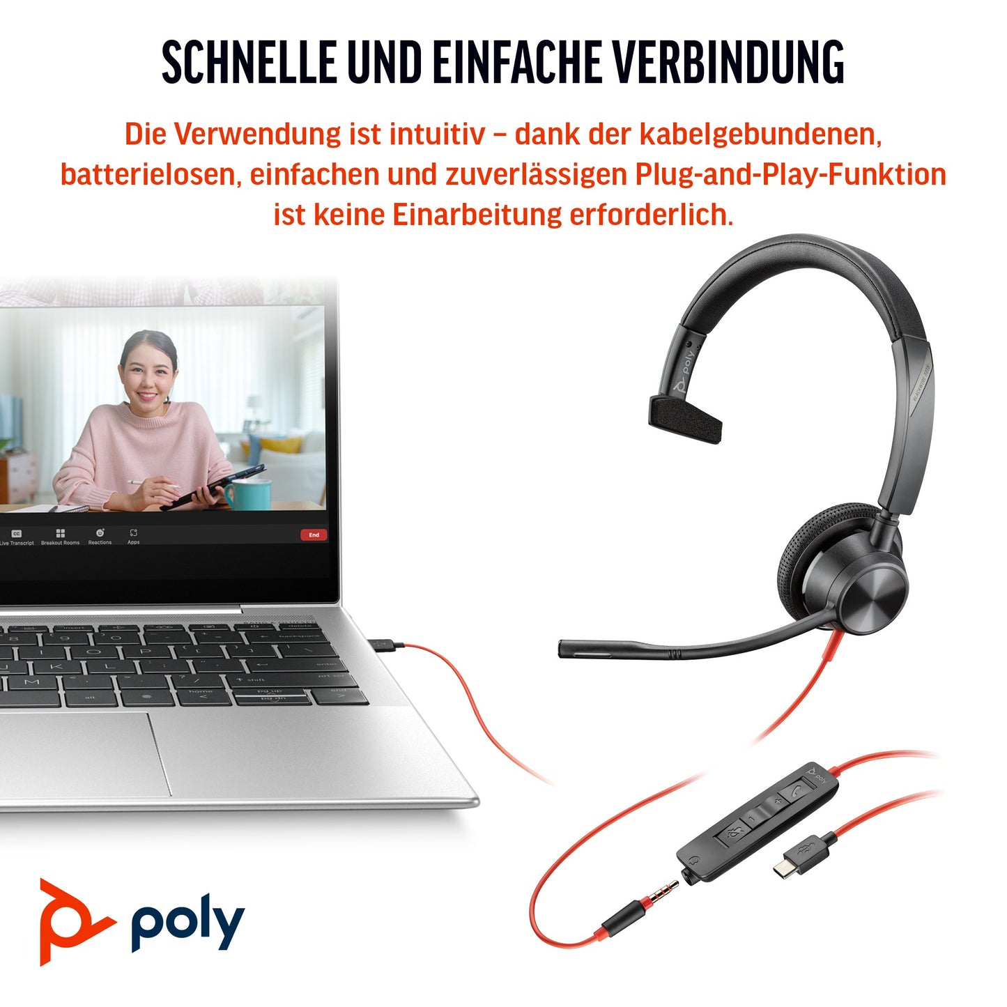 Poly HP Poly Blackwire 3315 Monaurales USB - C - zertifiziert für Microsoft Teams - + 3,5 - mm - Stecker + USB - C/A - Adapter - Kabelgebunden - Büro/Callcenter - 103 g - Kopfhörer - Schwarz - Headset