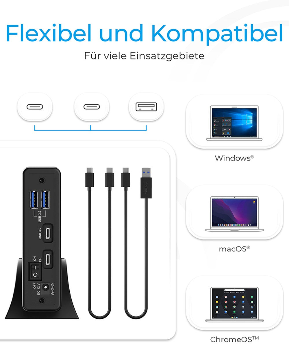 ICY BOX IB - 382H - C31 - USB 3.2 Gen 2 Gehäuse für 2,5'' od. 3,5'' SATA HDD/SSD - integrierter Hub 1x USB - C 2x USB - A - 10 Gbit/s - 12V 3A Netzteil - schwarz - HDD / SSD - 2.5/3.5" - SATA - Serial ATA II - Serial ATA III - 10 Gbit/s - Hot - Gehäuse
