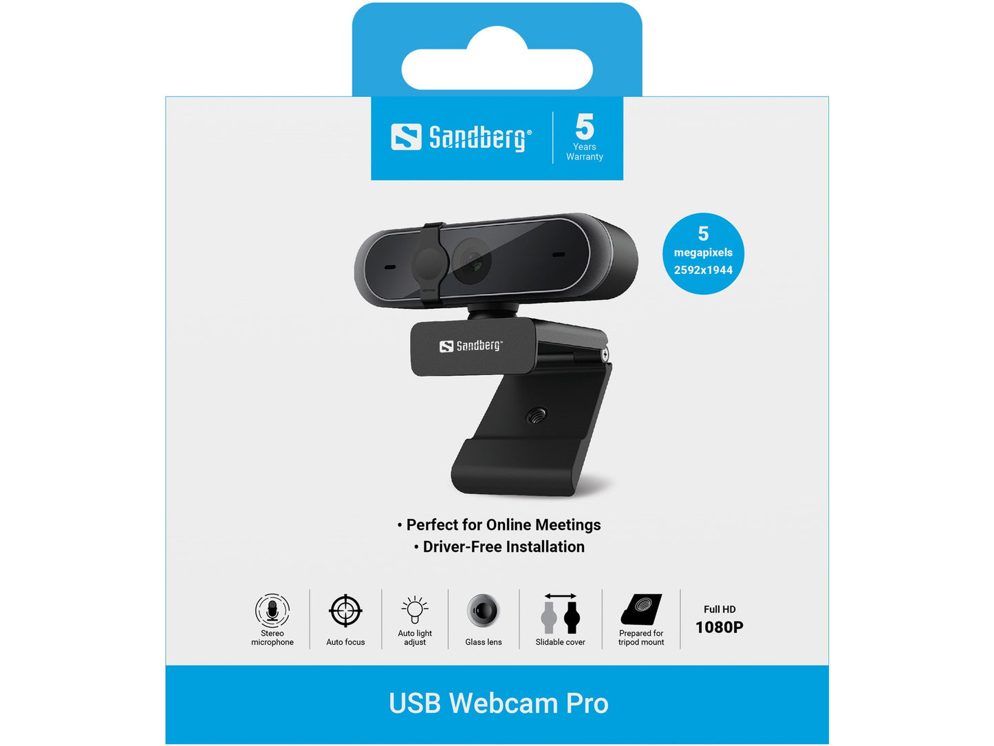 SANDBERG USB Webcam Pro - 5 MP - 2592 x 1944 Pixel - Full HD - 30 fps - 1920x1080@30fps - 2595x1944@30fps - 1080p - Webcam
