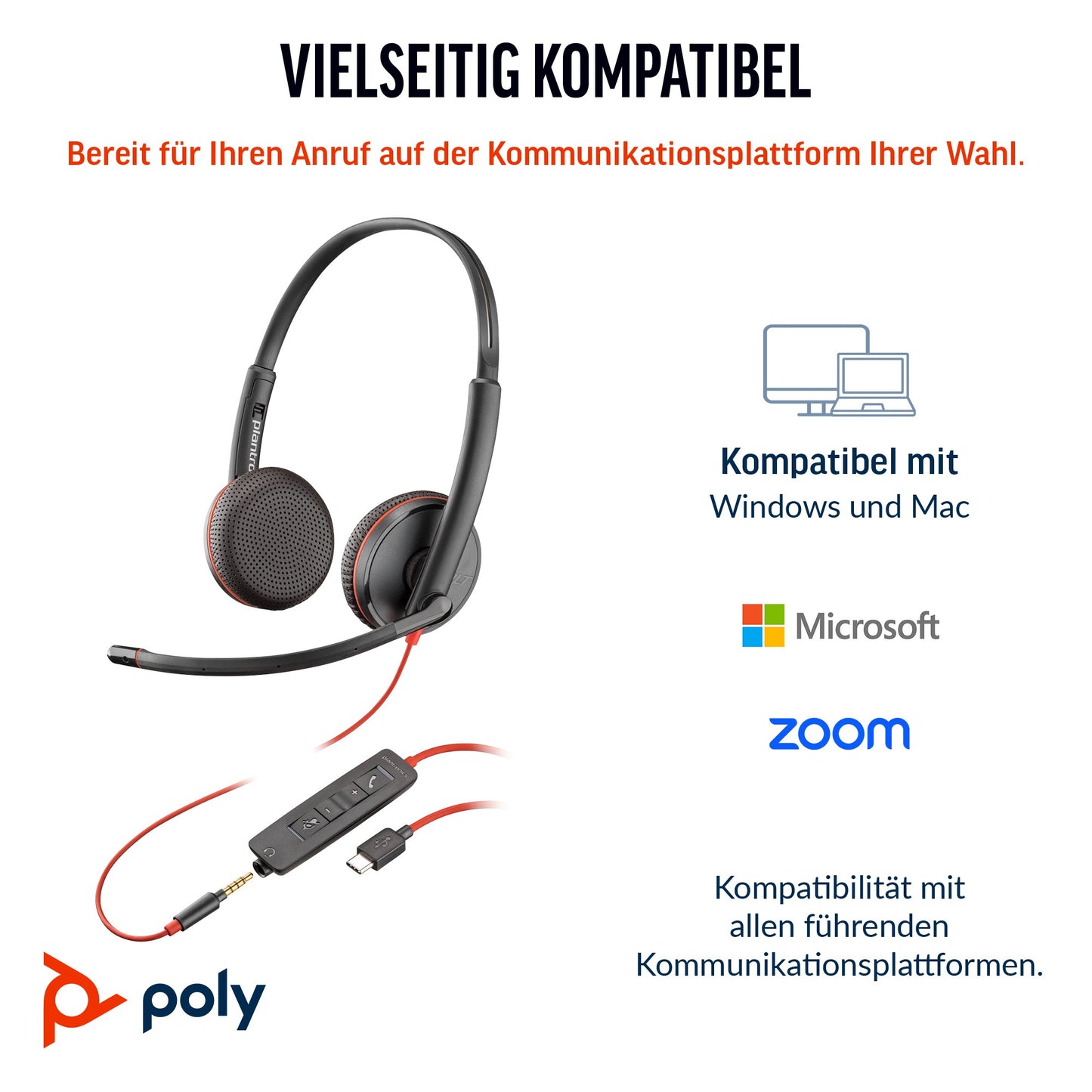 Poly HP Poly Blackwire 3225 Stereo USB - C +3,5 - mm - Stecker +USB - C/A - Adapter (Packungseinheit) - Kabelgebunden - Büro/Callcenter - 20 - 20000 Hz - 92 g - Kopfhörer - Schwarz - Headset