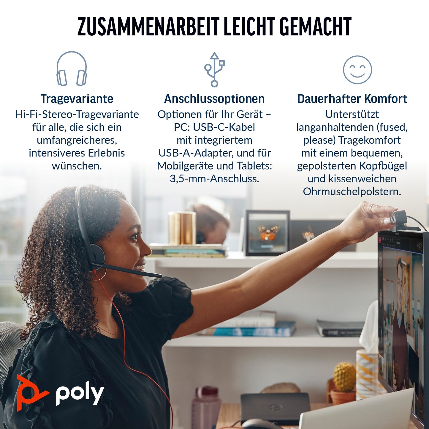 Poly HP Poly Blackwire 3325 USB - C Stereo + 3.5 - mm - Stecker + USB - C/A - Adapter - Kabelgebunden - Büro/Callcenter - 20 - 20000 Hz - 131 g - Kopfhörer - Schwarz - Headset