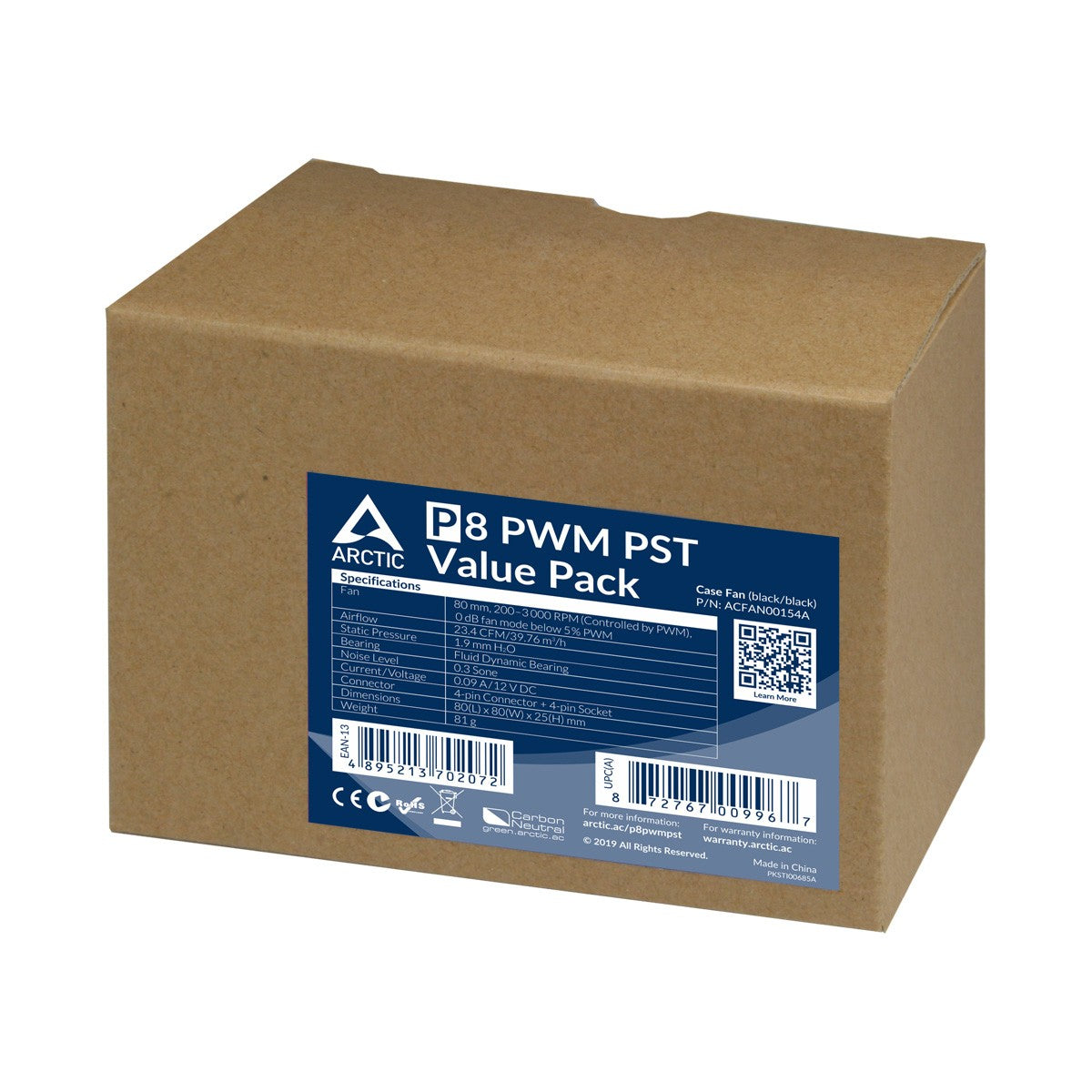 Arctic P8 PWM PST Value Pack - 80 mm PWM PST Lüfter optimiert für statischen Druck - Ventilator - 8 cm - 3000 RPM - 0,3 Sone - 23,4 cfm - 40,3 m³/h - Kühler