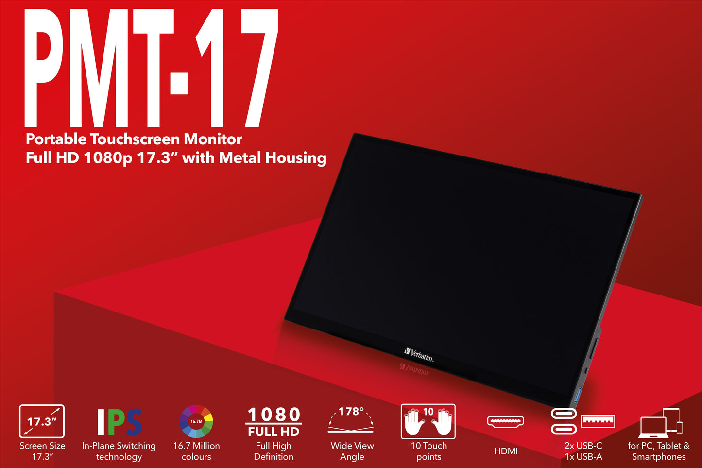 Verbatim 49593 - 43,9 cm (17.3") - 1920 x 1080 Pixel - Full HD - LCD - 6 ms - Schwarz - Monitor
