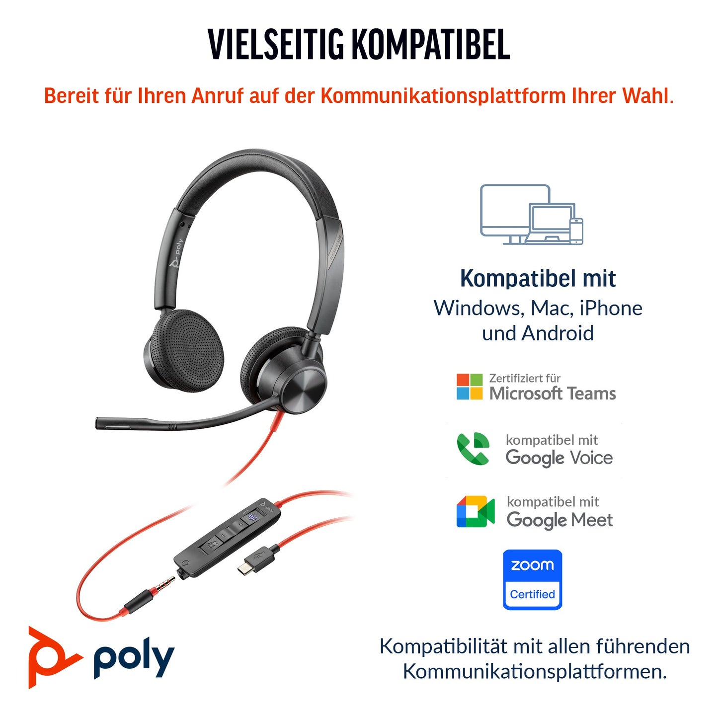Poly HP Poly Blackwire 3325 USB - C Stereo + 3.5 - mm - Stecker + USB - C/A - Adapter - Kabelgebunden - Büro/Callcenter - 20 - 20000 Hz - 131 g - Kopfhörer - Schwarz - Headset