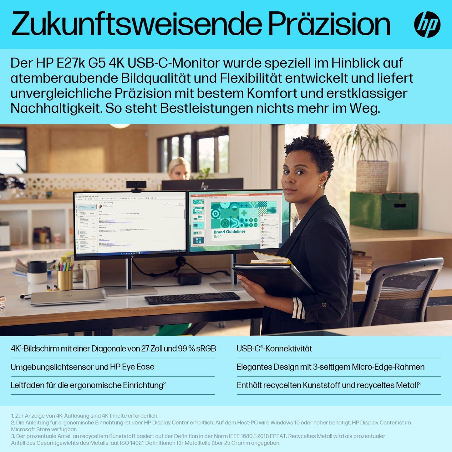 HP E - Series E27k G5 4K USB - C - 68,6 cm (27") - 3840 x 2160 Pixel - 4K Ultra HD - LCD - 5 ms - Schwarz - Silber - Monitor
