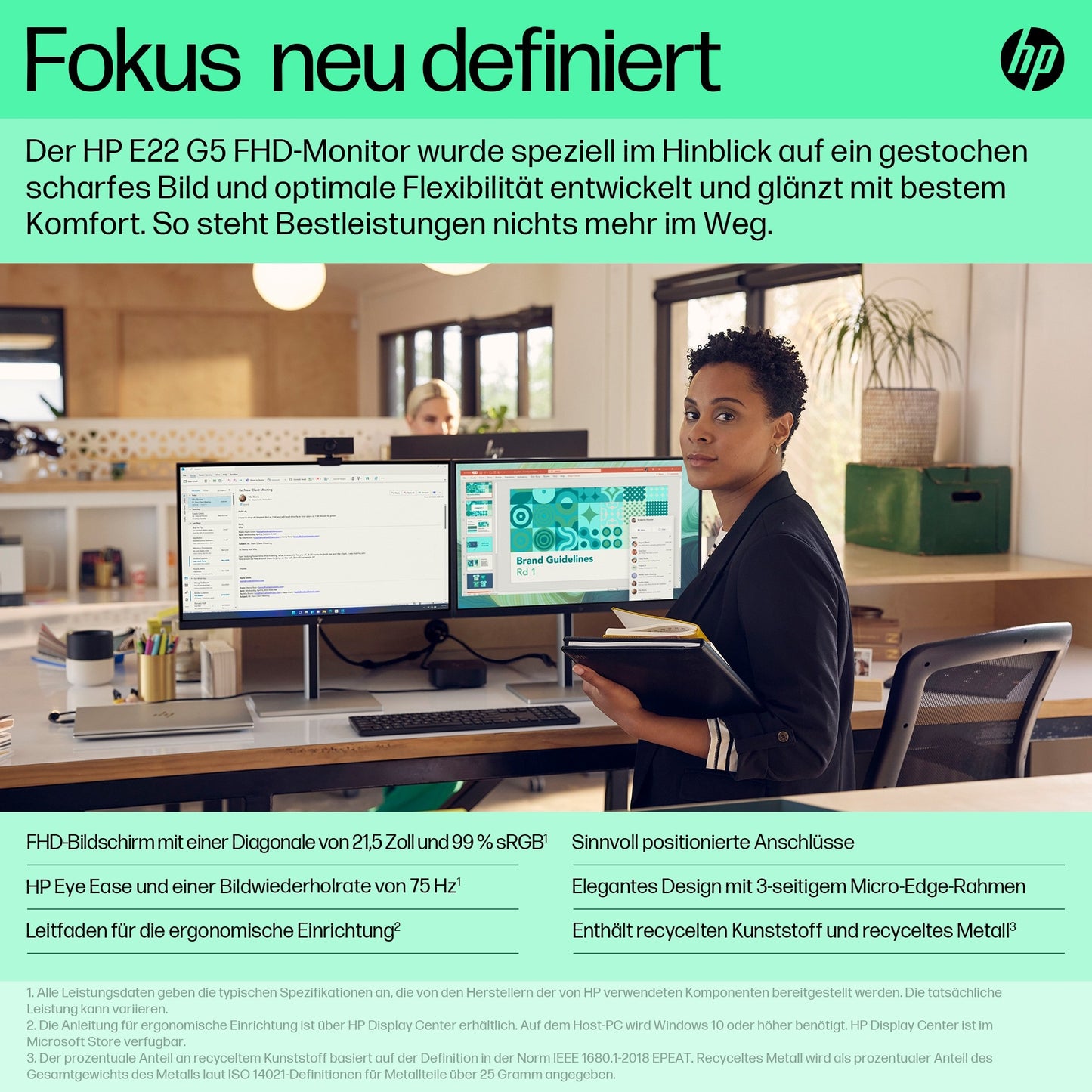 HP E - Series E22 G5 FHD Monitor - 54,6 cm (21.5") - 1920 x 1080 Pixel - Full HD - LCD - 5 ms - Schwarz - Silber - Monitor