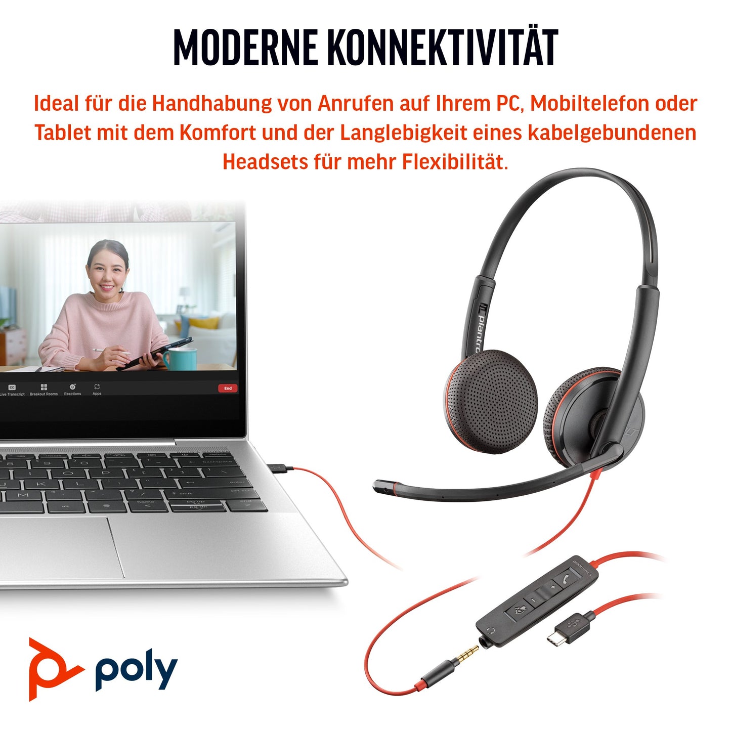 Poly HP Poly Blackwire 3225 Stereo USB - C +3,5 - mm - Stecker +USB - C/A - Adapter (Packungseinheit) - Kabelgebunden - Büro/Callcenter - 20 - 20000 Hz - 92 g - Kopfhörer - Schwarz - Headset