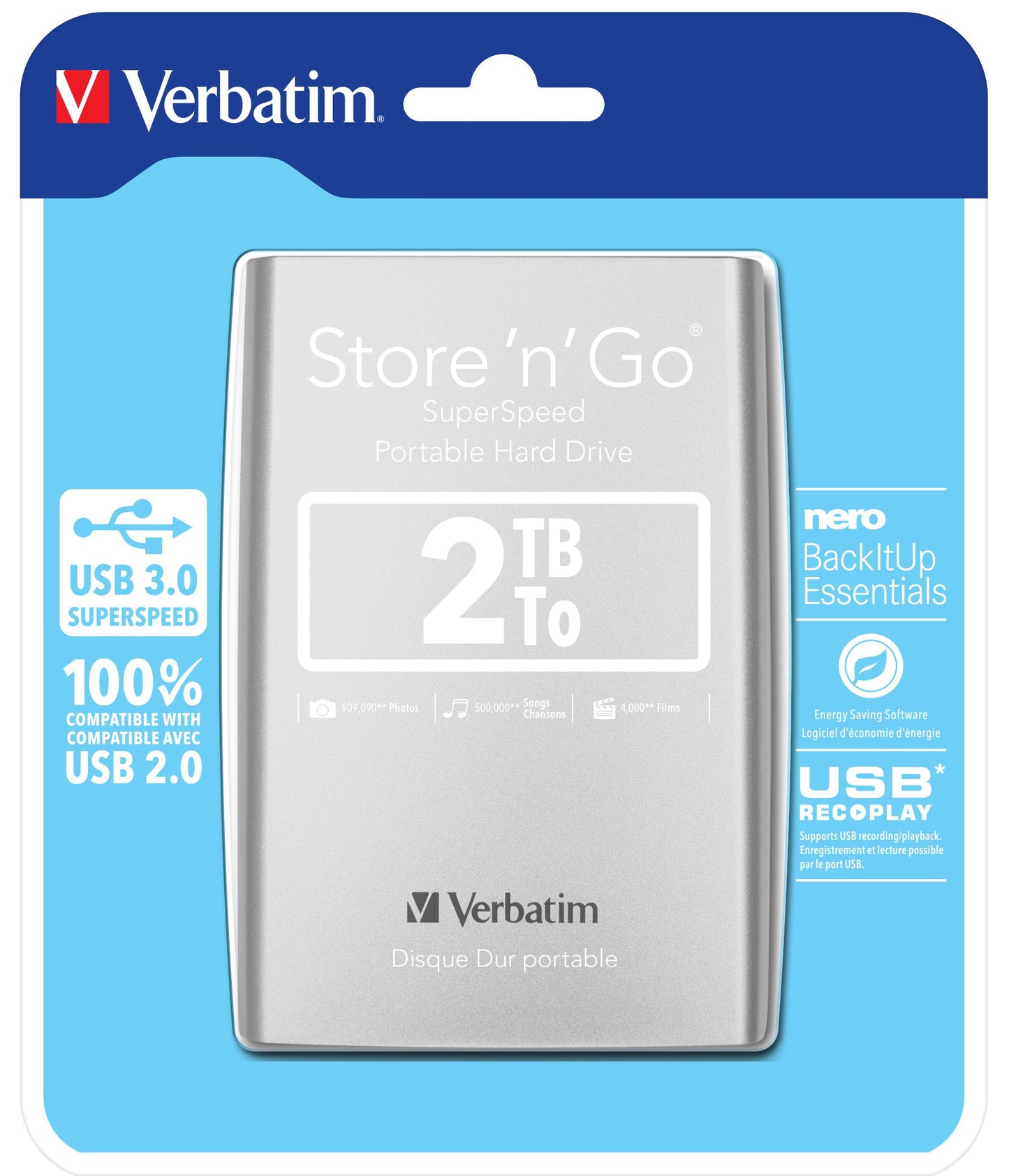 Verbatim Portables Festplattenlaufwerk Store 'n' Go USB 3.0 - 2 TB - Silber - 2,05 TB - 3.2 Gen 1 (3.1 Gen 1) - 5400 RPM - Silber - Festplatte