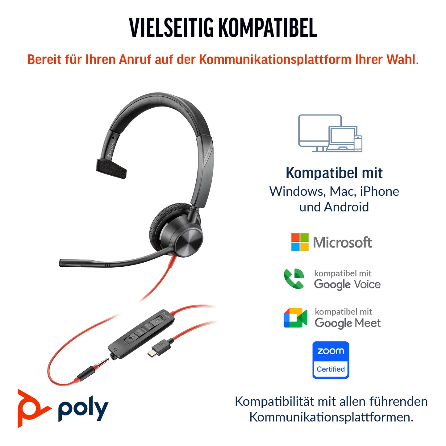 Poly HP Poly Blackwire 3315 Monaurales USB - C - zertifiziert für Microsoft Teams - + 3,5 - mm - Stecker + USB - C/A - Adapter - Kabelgebunden - Büro/Callcenter - 103 g - Kopfhörer - Schwarz - Headset