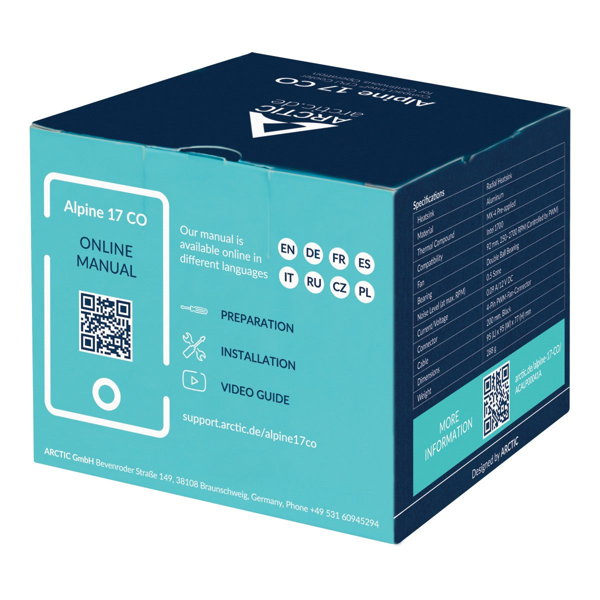 Arctic Alpine 17 CO - Luftkühlung - 9,2 cm - 250 RPM - 2700 RPM - 0,3 Sone - Schwarz - Silber - Kühler